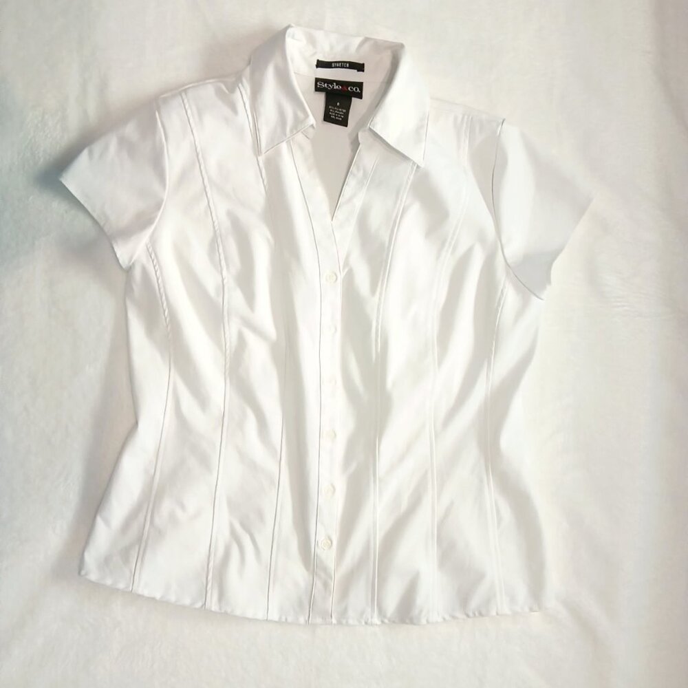 Style & Co. πWomens White Button Up Short Sleeve Business Professional Work Top - Picture 12 of 12